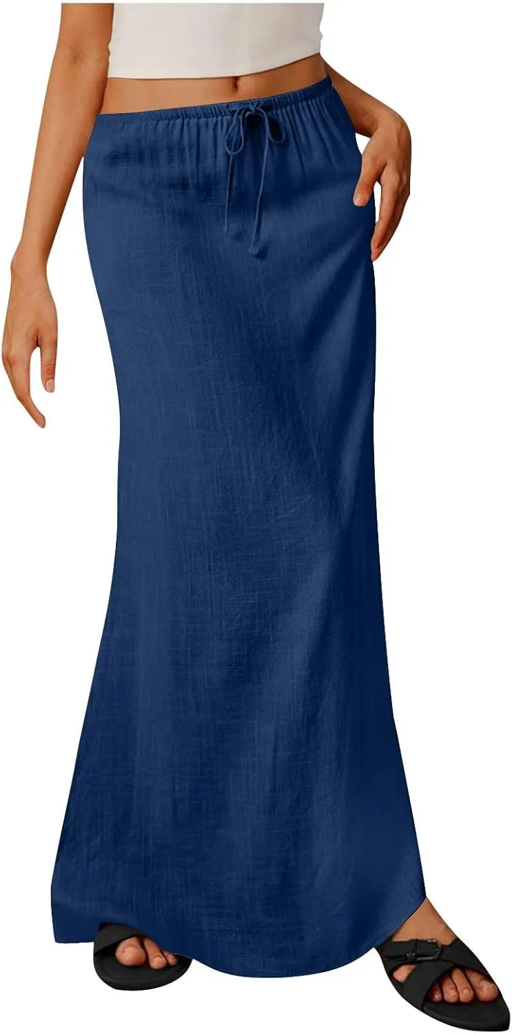 Women Summer Maxi Skorts 2025 Fashion Cotton Linen Elastic Waist Drawstring Skirts Solid Casual Vacation Flowy Skirt