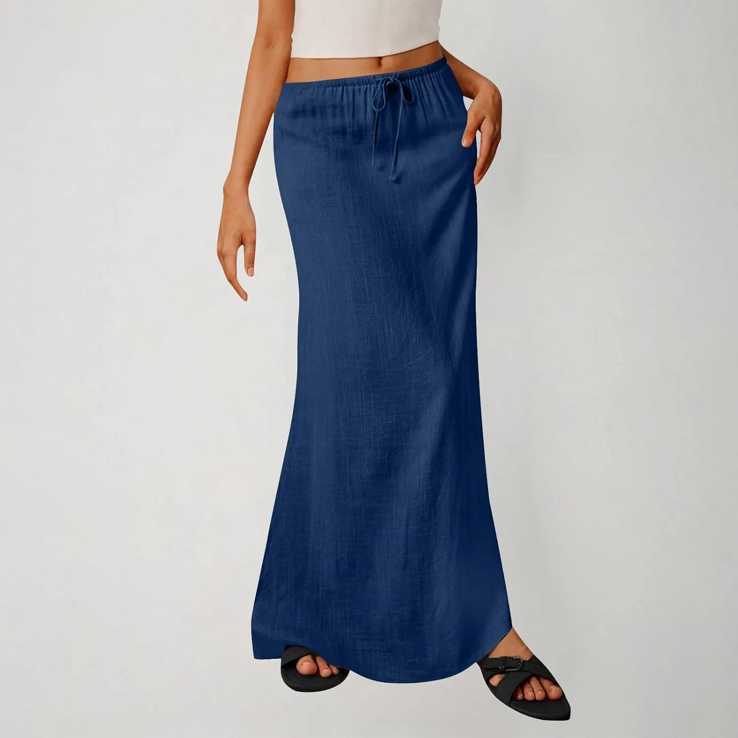 Women Summer Maxi Skorts 2025 Fashion Cotton Linen Elastic Waist Drawstring Skirts Solid Casual Vacation Flowy Skirt