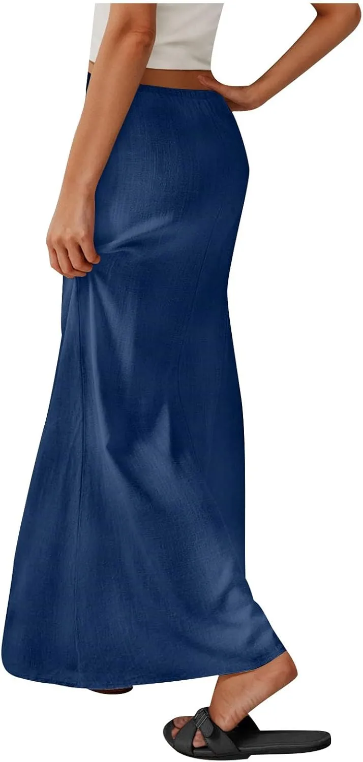 Women Summer Maxi Skorts 2025 Fashion Cotton Linen Elastic Waist Drawstring Skirts Solid Casual Vacation Flowy Skirt