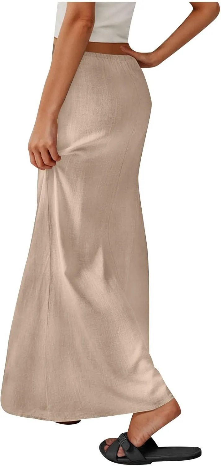 Women Summer Maxi Skorts 2025 Fashion Cotton Linen Elastic Waist Drawstring Skirts Solid Casual Vacation Flowy Skirt