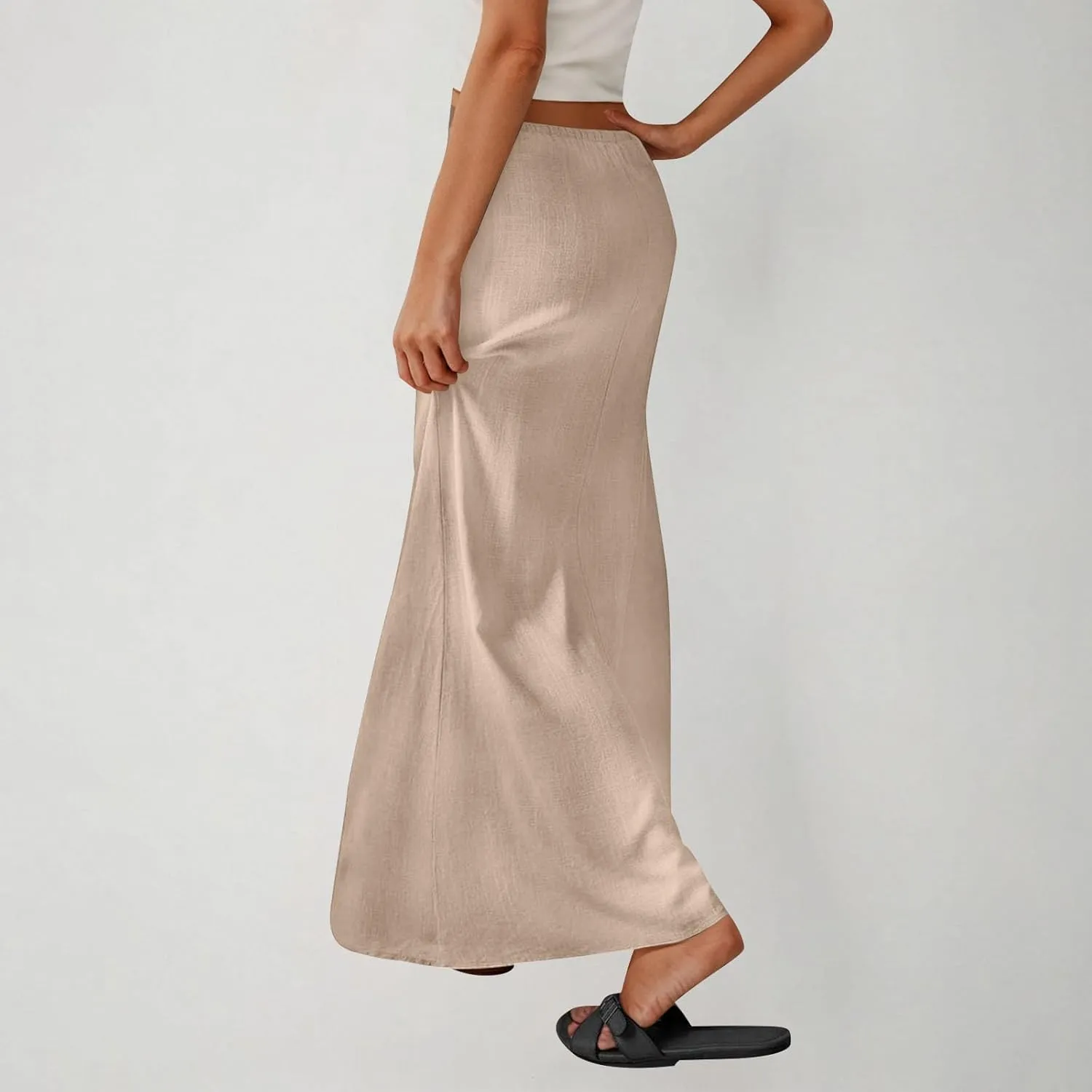 Women Summer Maxi Skorts 2025 Fashion Cotton Linen Elastic Waist Drawstring Skirts Solid Casual Vacation Flowy Skirt