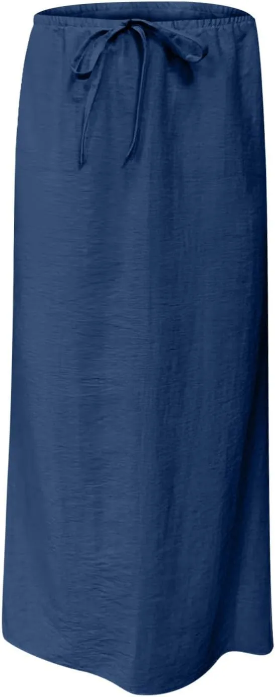 Women Summer Maxi Skorts 2025 Fashion Cotton Linen Elastic Waist Drawstring Skirts Solid Casual Vacation Flowy Skirt