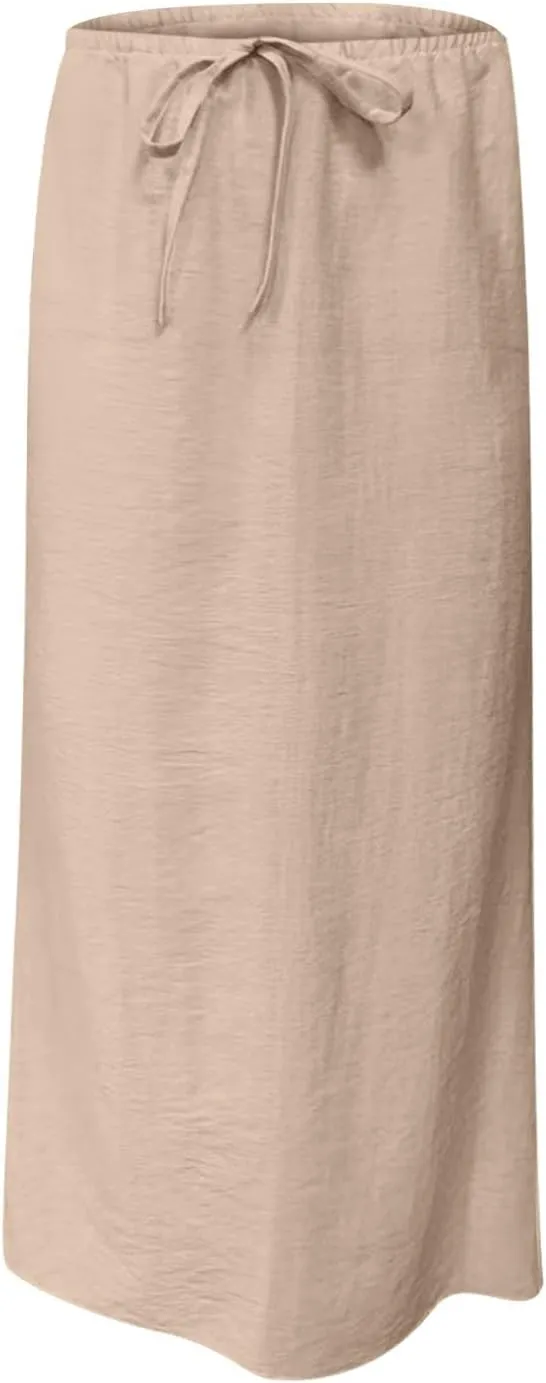 Women Summer Maxi Skorts 2025 Fashion Cotton Linen Elastic Waist Drawstring Skirts Solid Casual Vacation Flowy Skirt