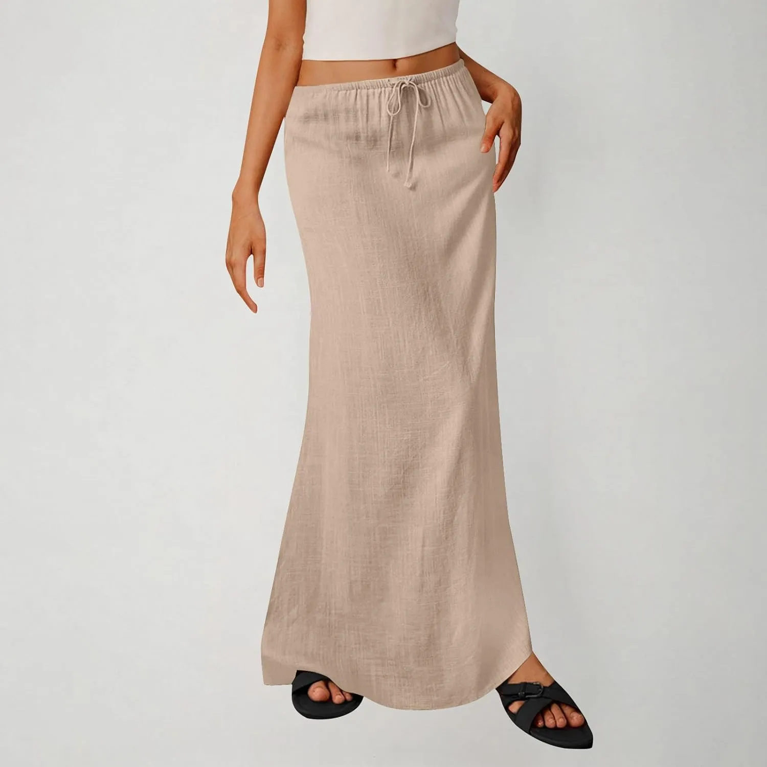 Women Summer Maxi Skorts 2025 Fashion Cotton Linen Elastic Waist Drawstring Skirts Solid Casual Vacation Flowy Skirt