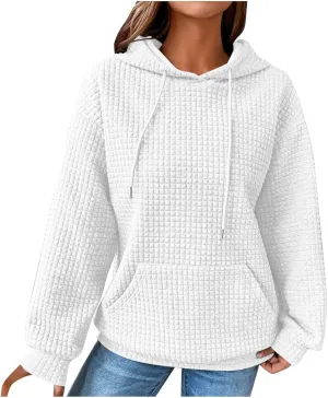 Womens Hoodies Pullover Quilted Long Sleeve Knit Oversized Sweatshirt Fall Drawstring Hooded Sweatshirts with Pocket