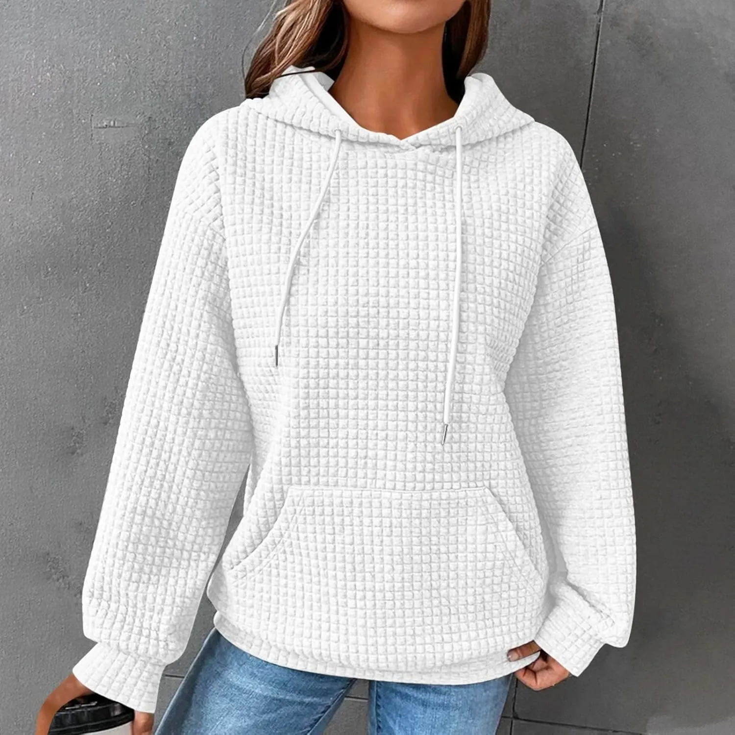 Womens Hoodies Pullover Quilted Long Sleeve Knit Oversized Sweatshirt Fall Drawstring Hooded Sweatshirts with Pocket