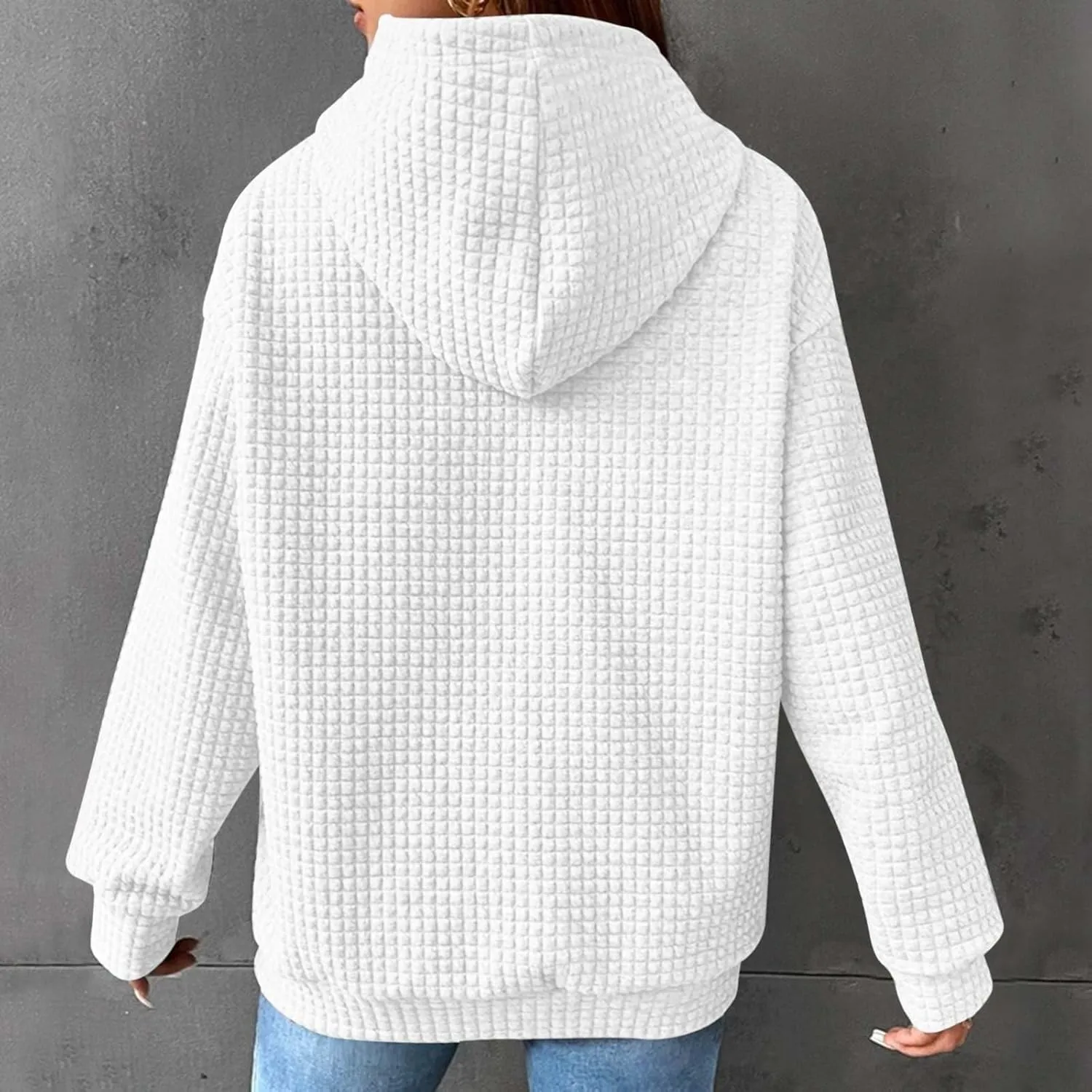 Womens Hoodies Pullover Quilted Long Sleeve Knit Oversized Sweatshirt Fall Drawstring Hooded Sweatshirts with Pocket