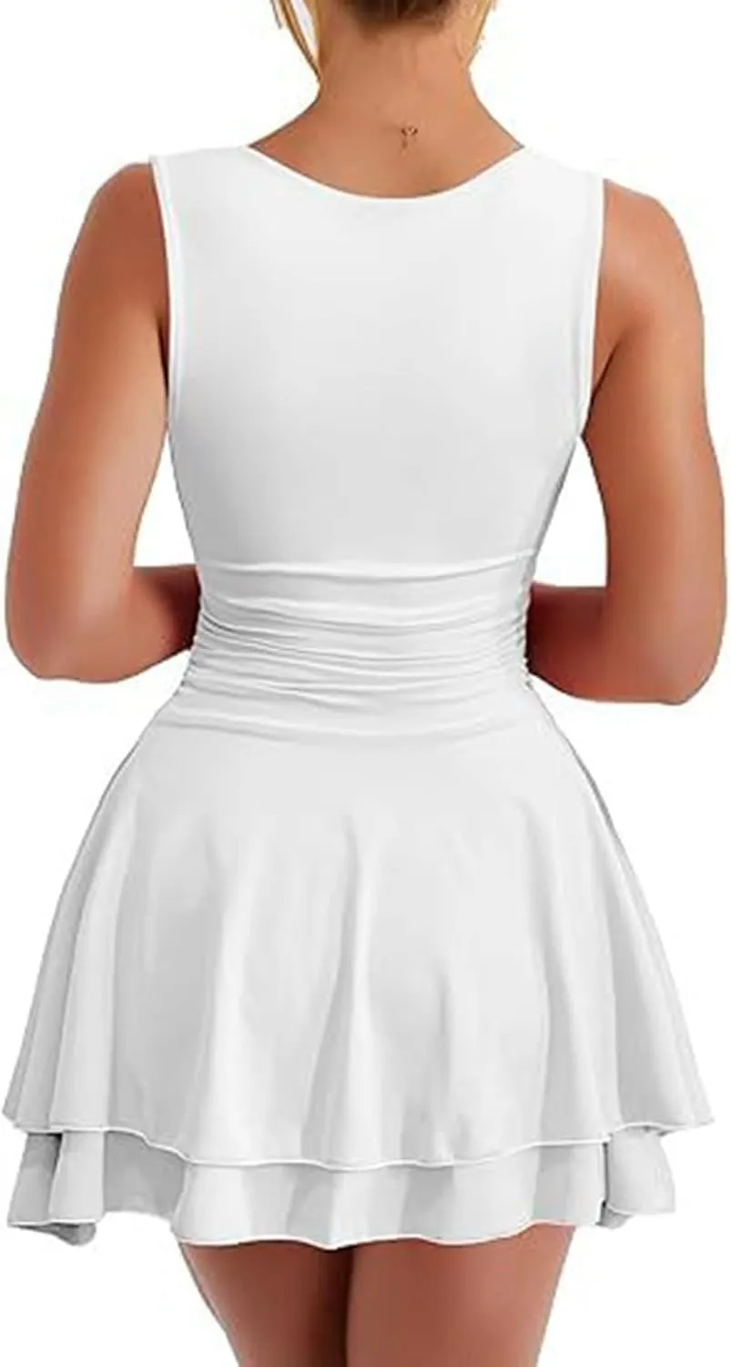 Women's Square Neck Sleeveless Mini Dress Ruched Waist Tiered Ruffle Hem A Line Short Dresses