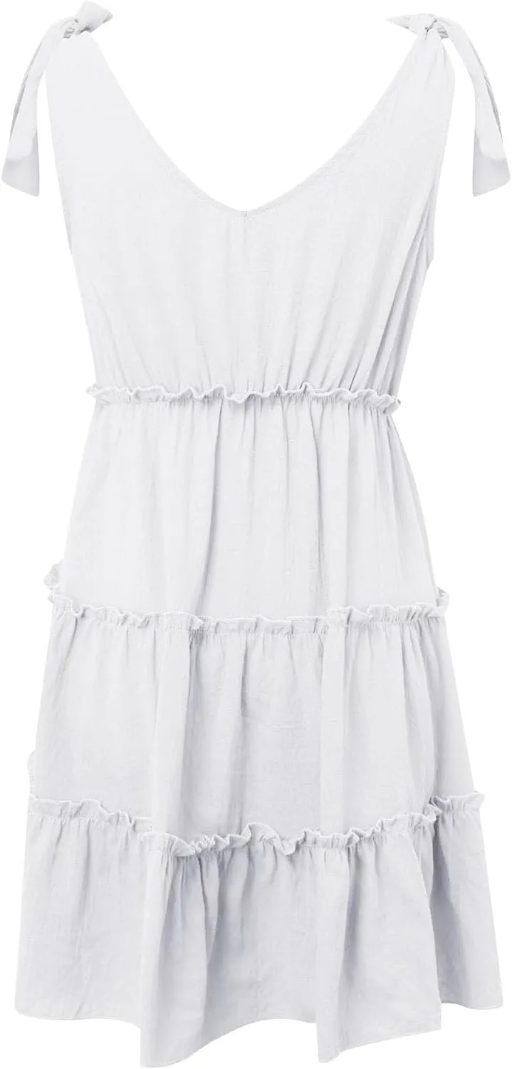 Womens Summer Mini Dress Casual V Neck Sleeveless Tie Shoulder Tiered Ruffle Swing A Line Short Sundresses