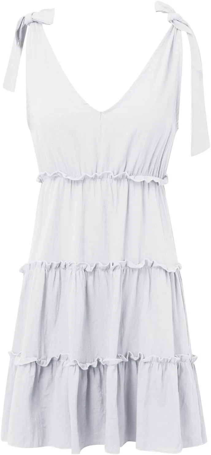 Womens Summer Mini Dress Casual V Neck Sleeveless Tie Shoulder Tiered Ruffle Swing A Line Short Sundresses