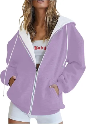 Womens Zip Up Hoodies Long Sleeve Oversized Sweatshirts Fall Winter Outfits Clothes Casual Jackets with Pockets