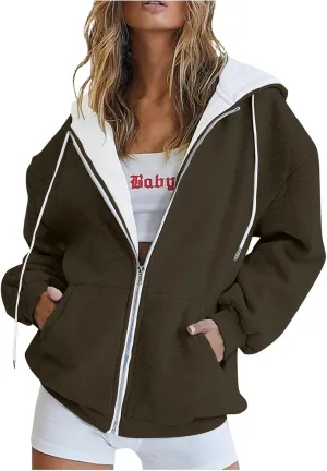 Womens Zip Up Hoodies Long Sleeve Oversized Sweatshirts Fall Winter Outfits Clothes Casual Jackets with Pockets
