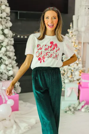 Wrap Queen on White T-Shirt with White Sequin Sleeves